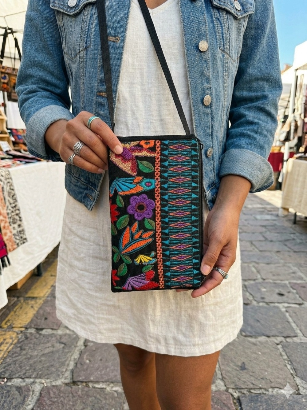 Handmade Embroidered Floral & Geometric Crossbody Pouch / Cellphone Bag